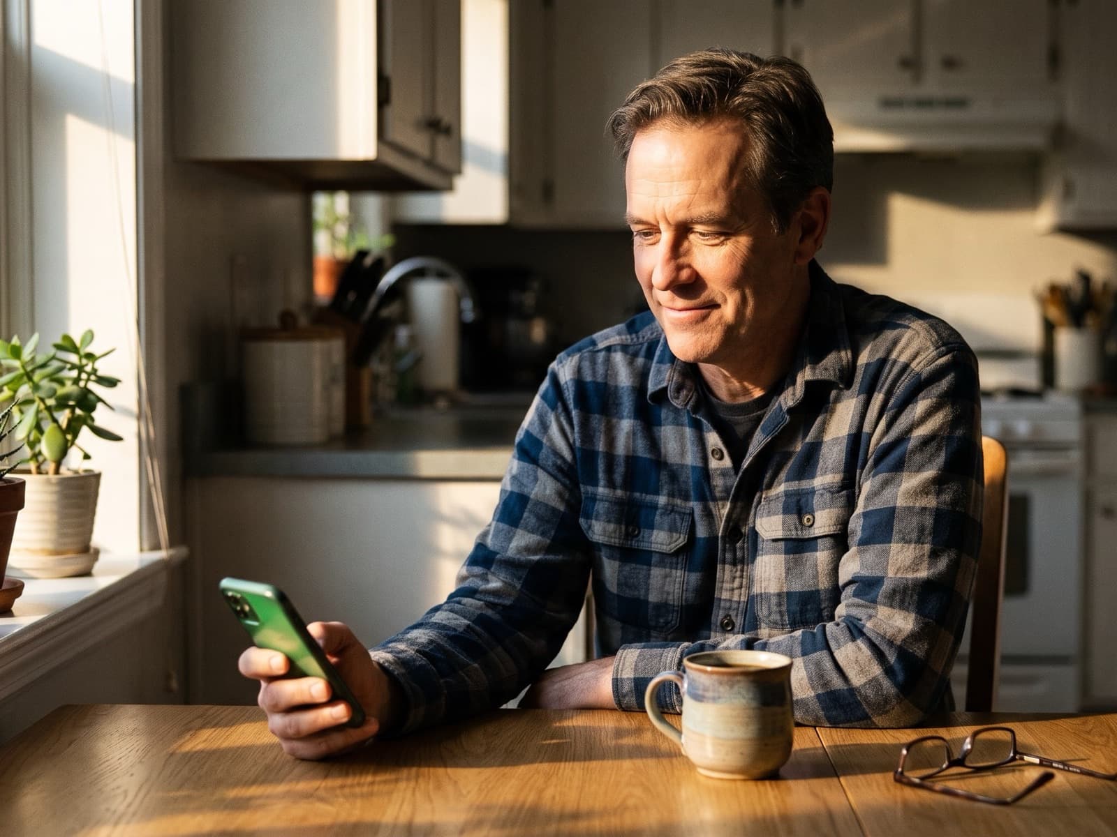 A man in a flannel shirt at his kitchen table, smiling at a payout notification on his phone.